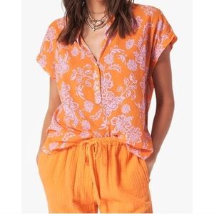 Xirena Sam Tropicana Orange Pink Floral Cotton Blouse Oversized Boxy Top S